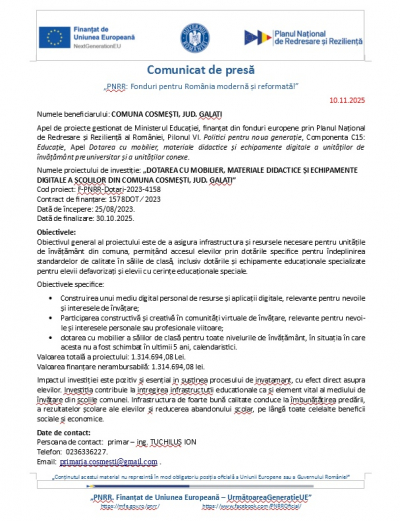 Mobilier, materiale didactice şi echipamente digitale pentru şcolile din comuna Cosmeşti