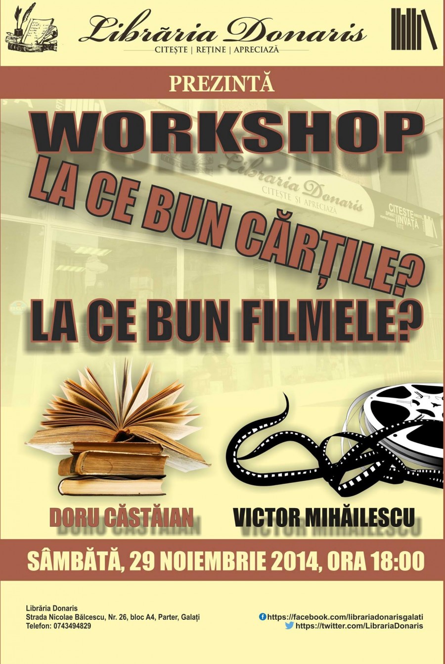 Workshop despre carte şi film, sâmbătă, la Donaris