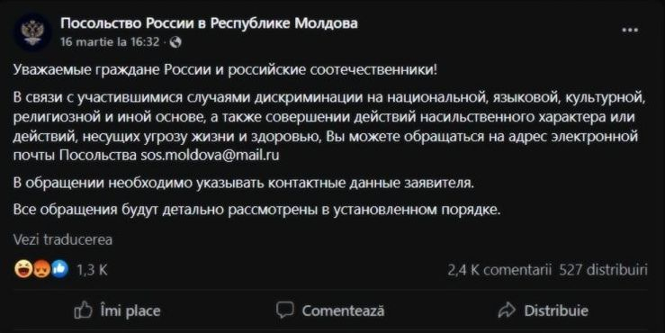 Rușii din Republica Moldova roagă Ambasada Federaţiei Ruse de la Chişinău „să nu vină să-i salveze”