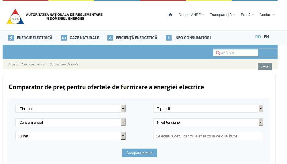 COMPARATORUL DE PREȚURI pentru gaze şi energie este funcţional pe site-ul ANRE