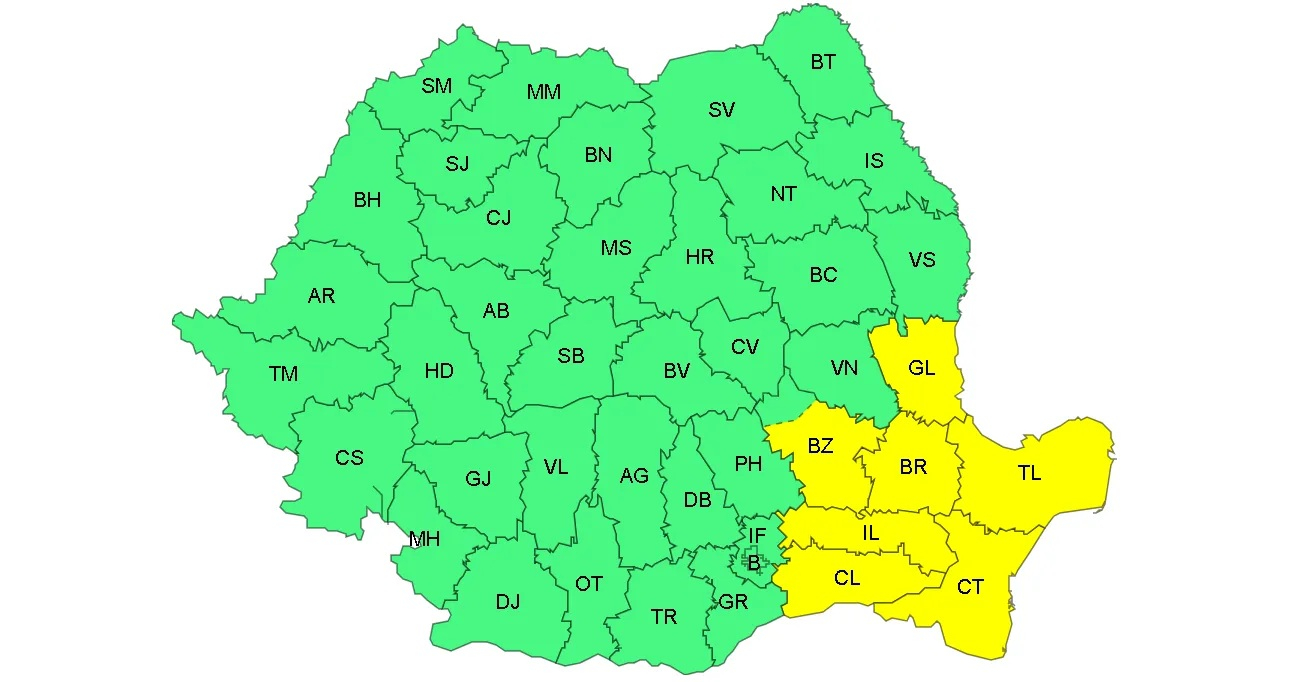 Cod galben de vânt în rafale, vineri, în Galați