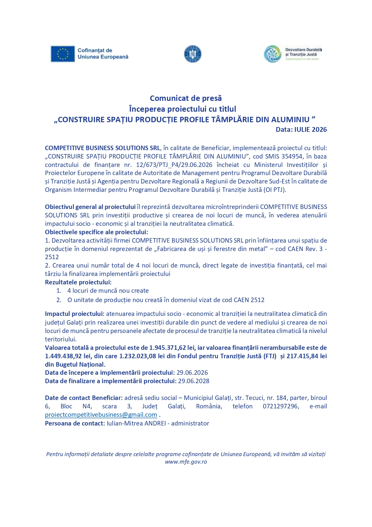 Comunicat de presă - Construire spațiu producție profile tâmplărie din aluminiu