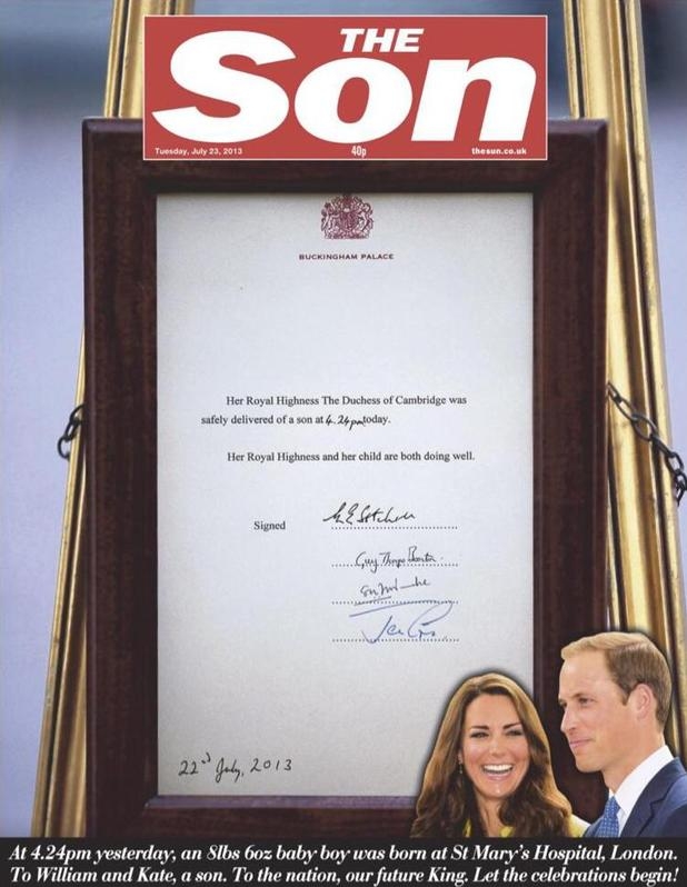 Tabloidul The Sun şi-a schimbat logoul în "The Son", pentru a marca naşterea bebeluşului regal