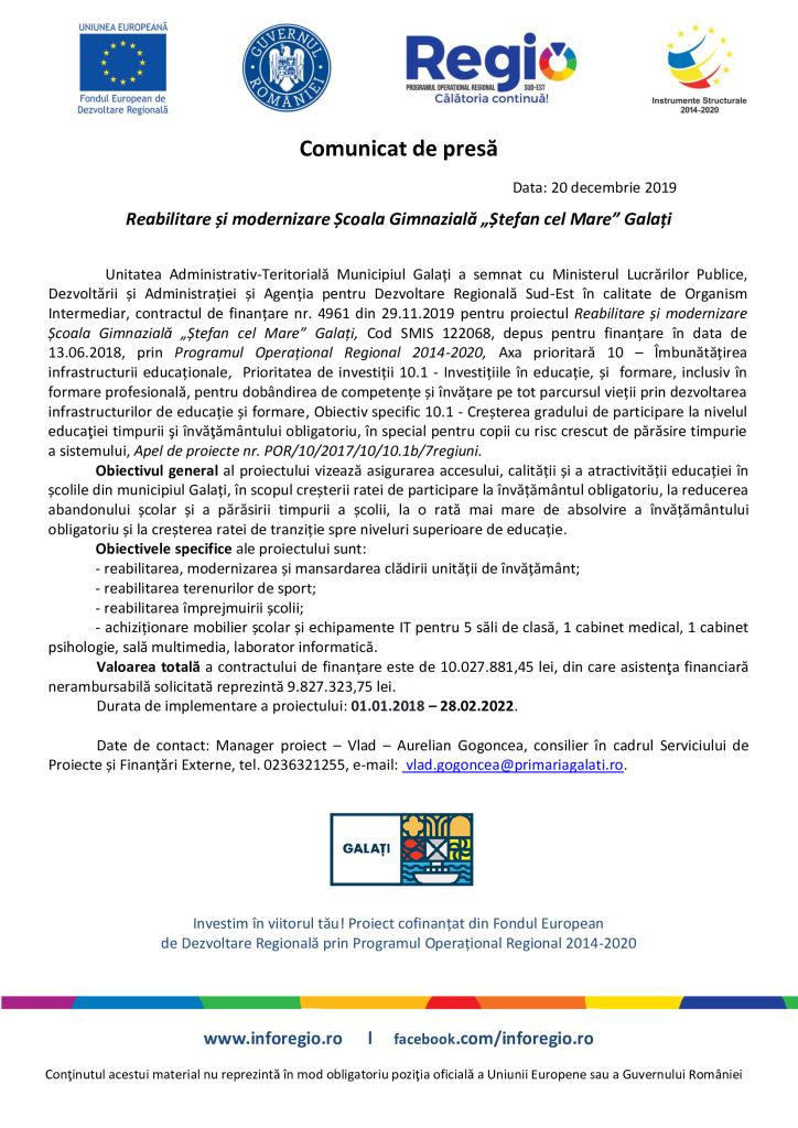 Reabilitare și modernizare Școala Gimnazială „Ștefan cel Mare” Galați