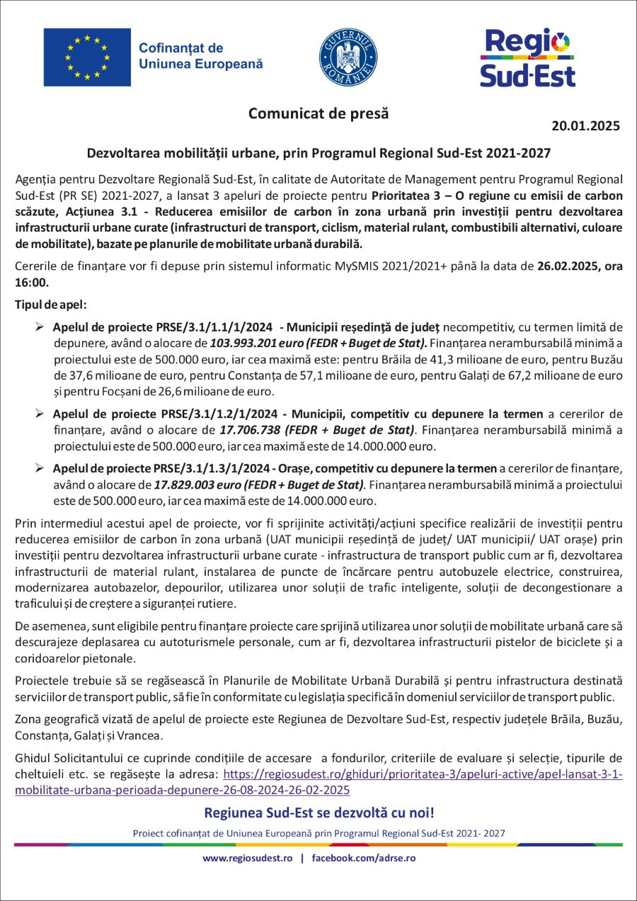 Dezvoltarea mobilității urbane, prin Programul Regio Sud-Est 2021-2027