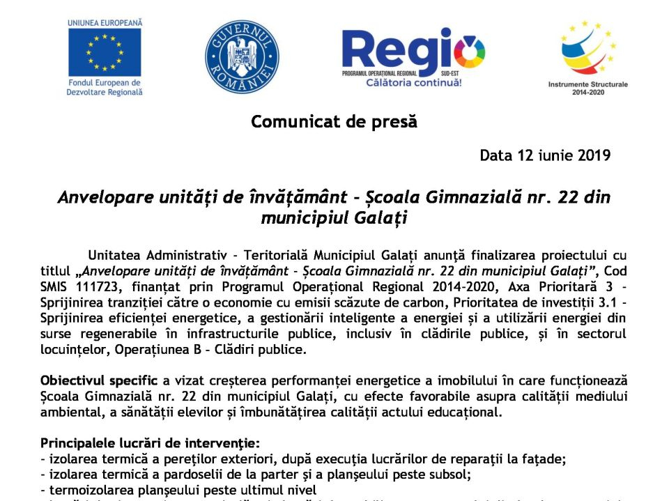 Anvelopare unități de învățământ - Școala Gimnazială nr. 22 din municipiul Galați