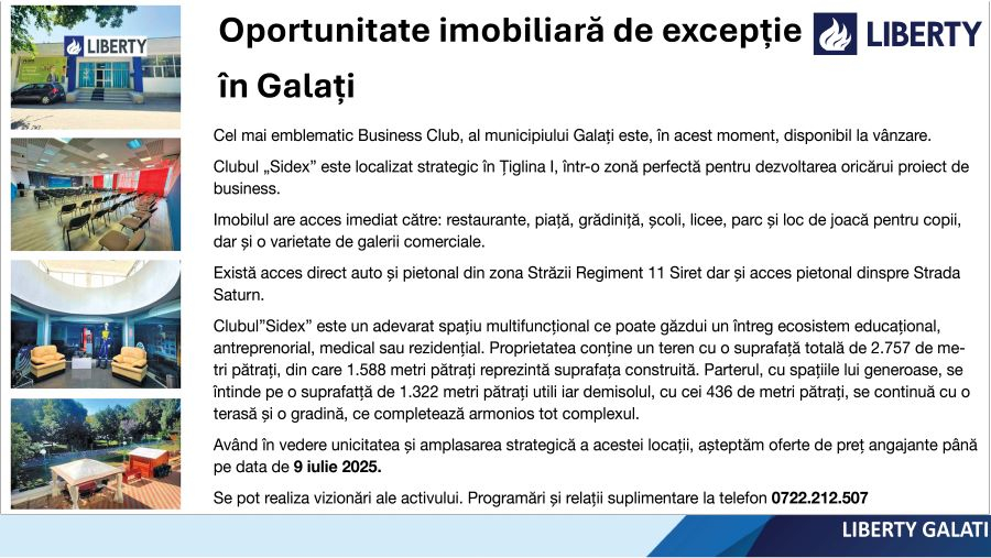 Cel mai emblematic Business Club, al municipiului Galați este, în acest moment, disponibil la vânzare
