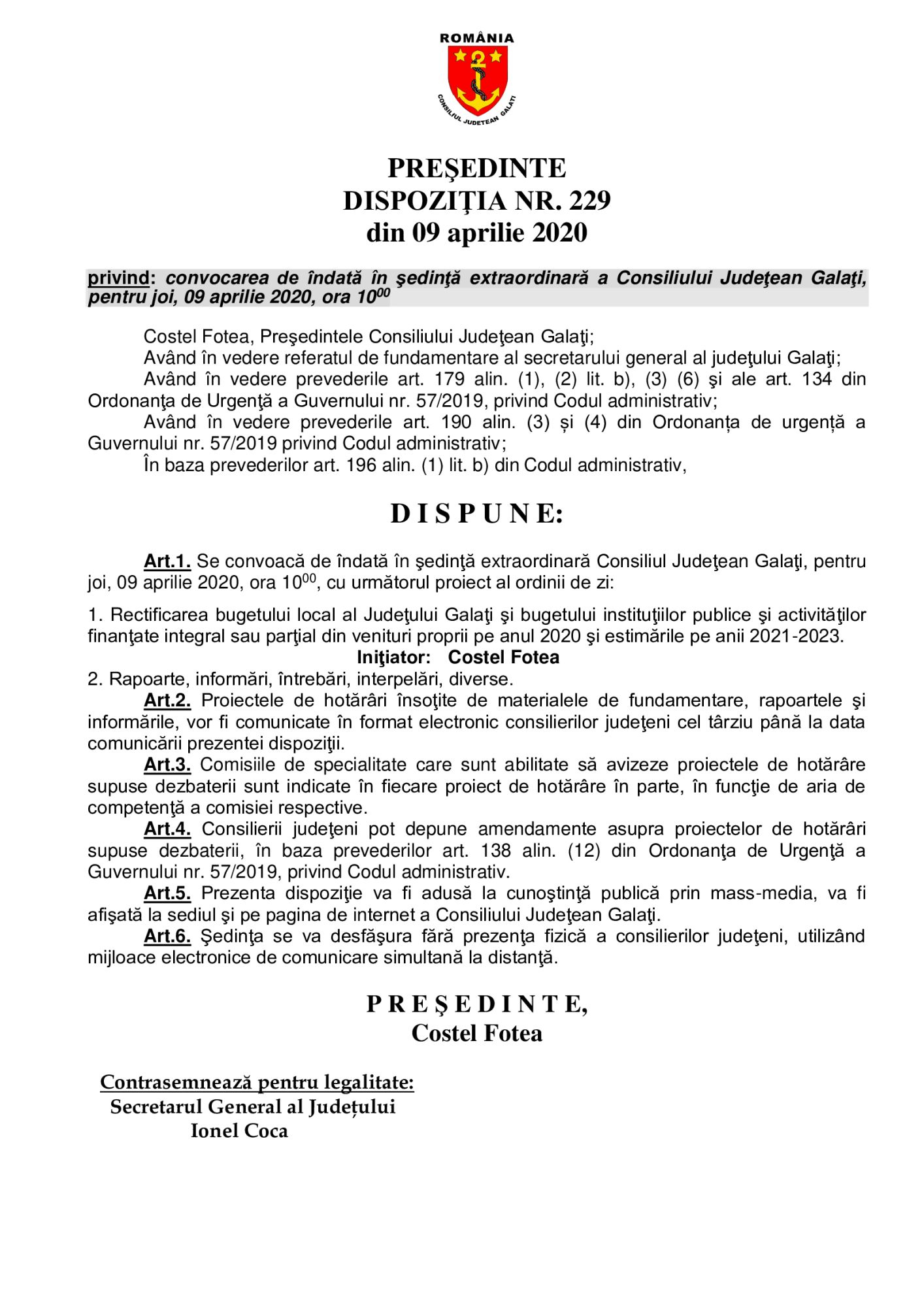 Ședință extraordinară online a Consiliului Judeţean Galaţi
