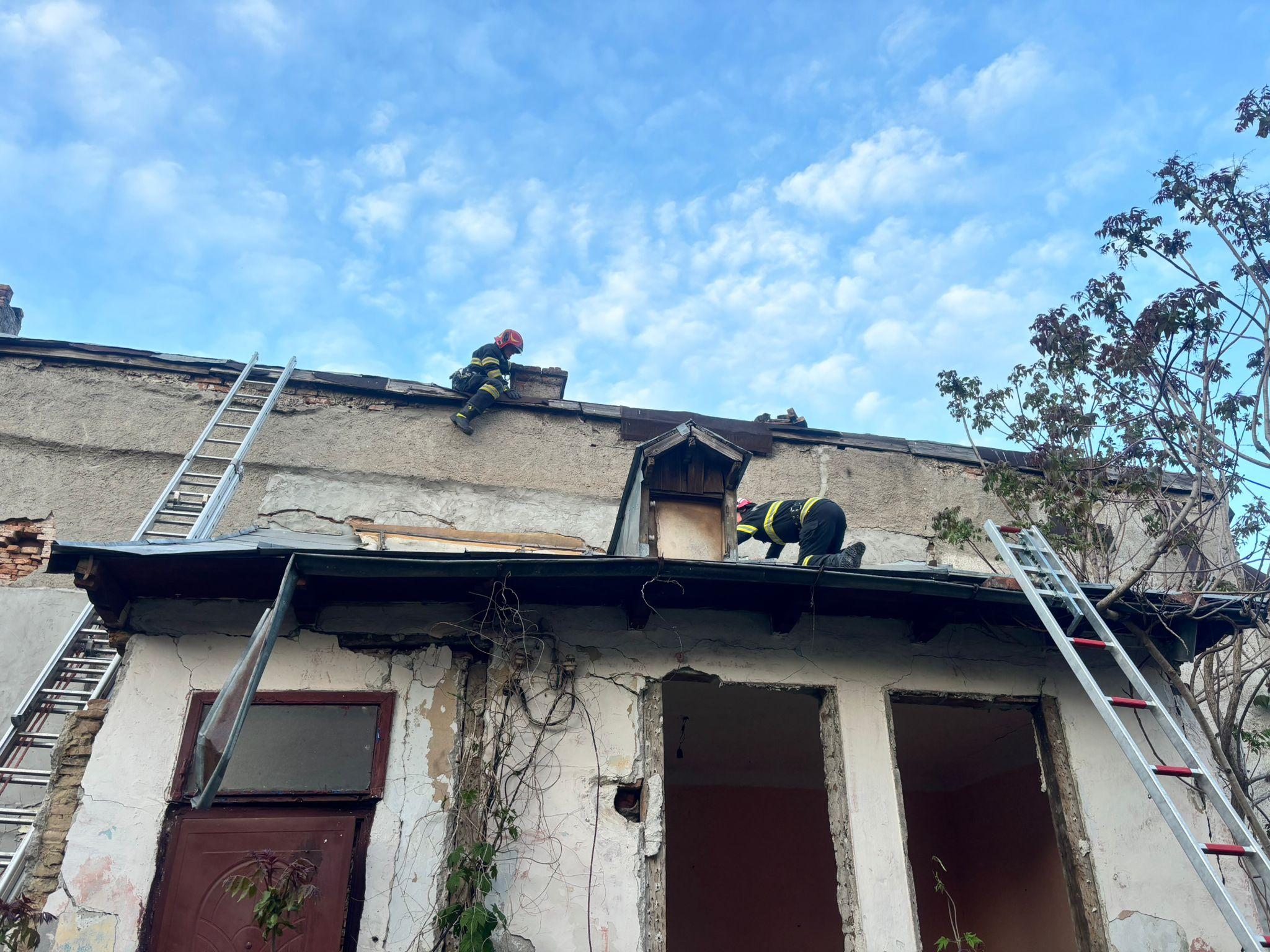 Pisică buclucașă, salvată de pe acoperișul unei case