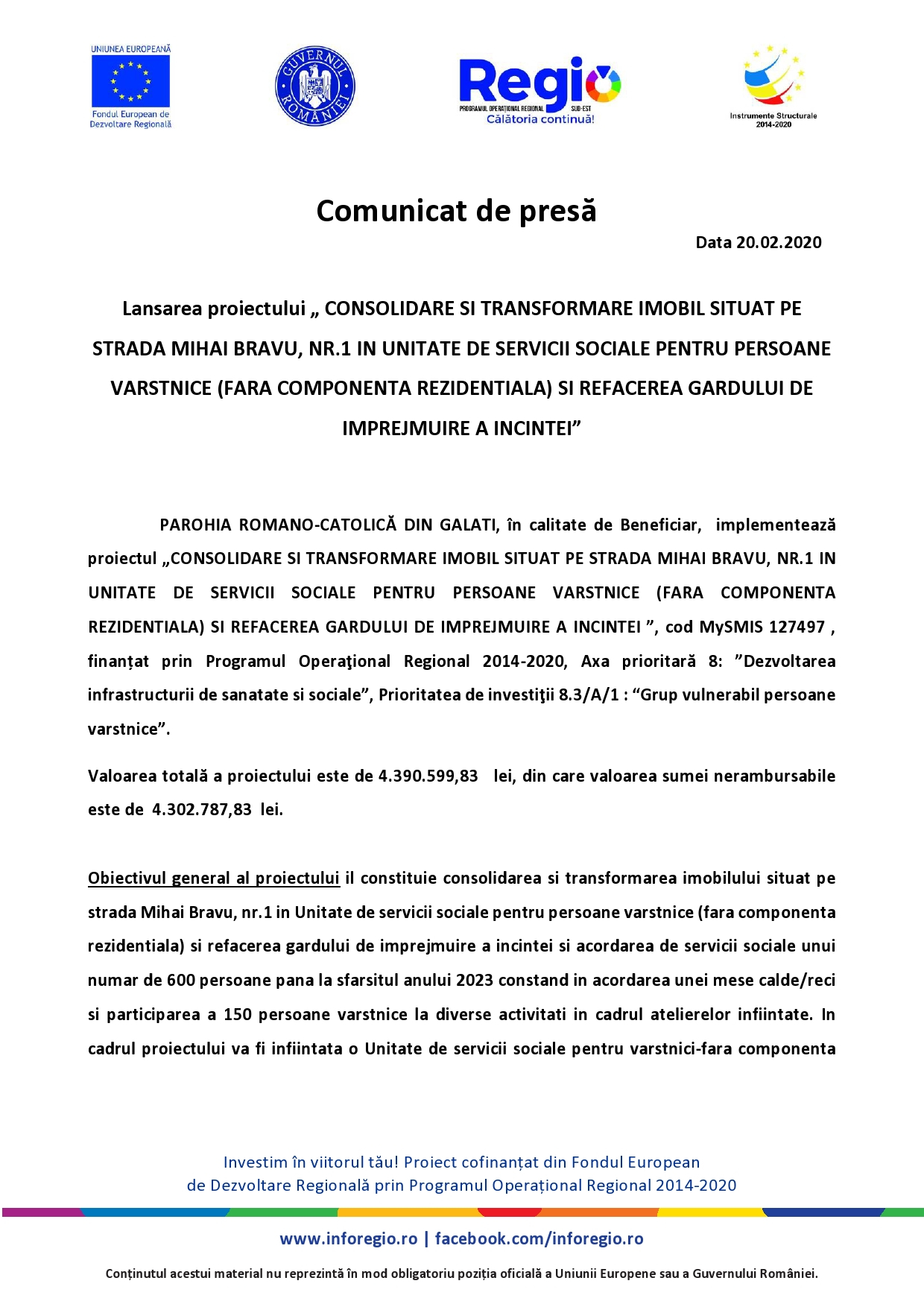 Lansarea proiectului ”Consolidare și transformare imobil situat pe strada Mihai Bravu, nr.1 în unitate de servicii sociale pentru persoane vârstnice și refacerea gardului de împrejmuire a incintei”