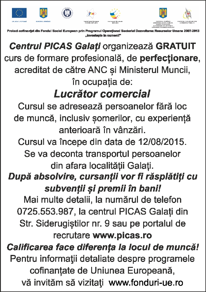 Centrul PICAS Galaţi organizează GRATUIT...