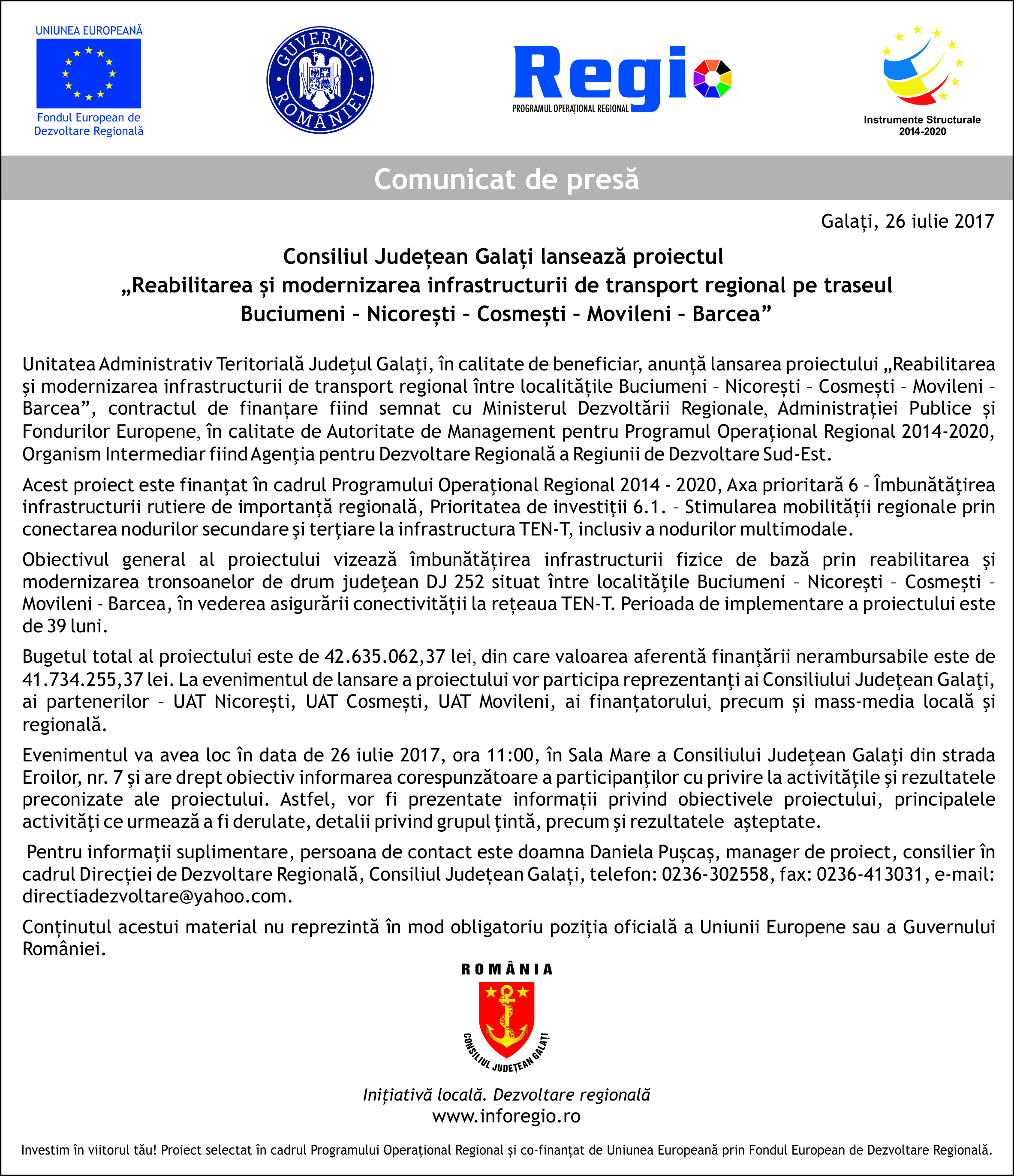 Consiliul Judeţean Galaţi lansează proiectul "Reabilitarea şi modernizarea infrastructurii de transport regional pe traseul Buciumeni - Nicoreşti - Cosmeşti - Movileni - Barcea"