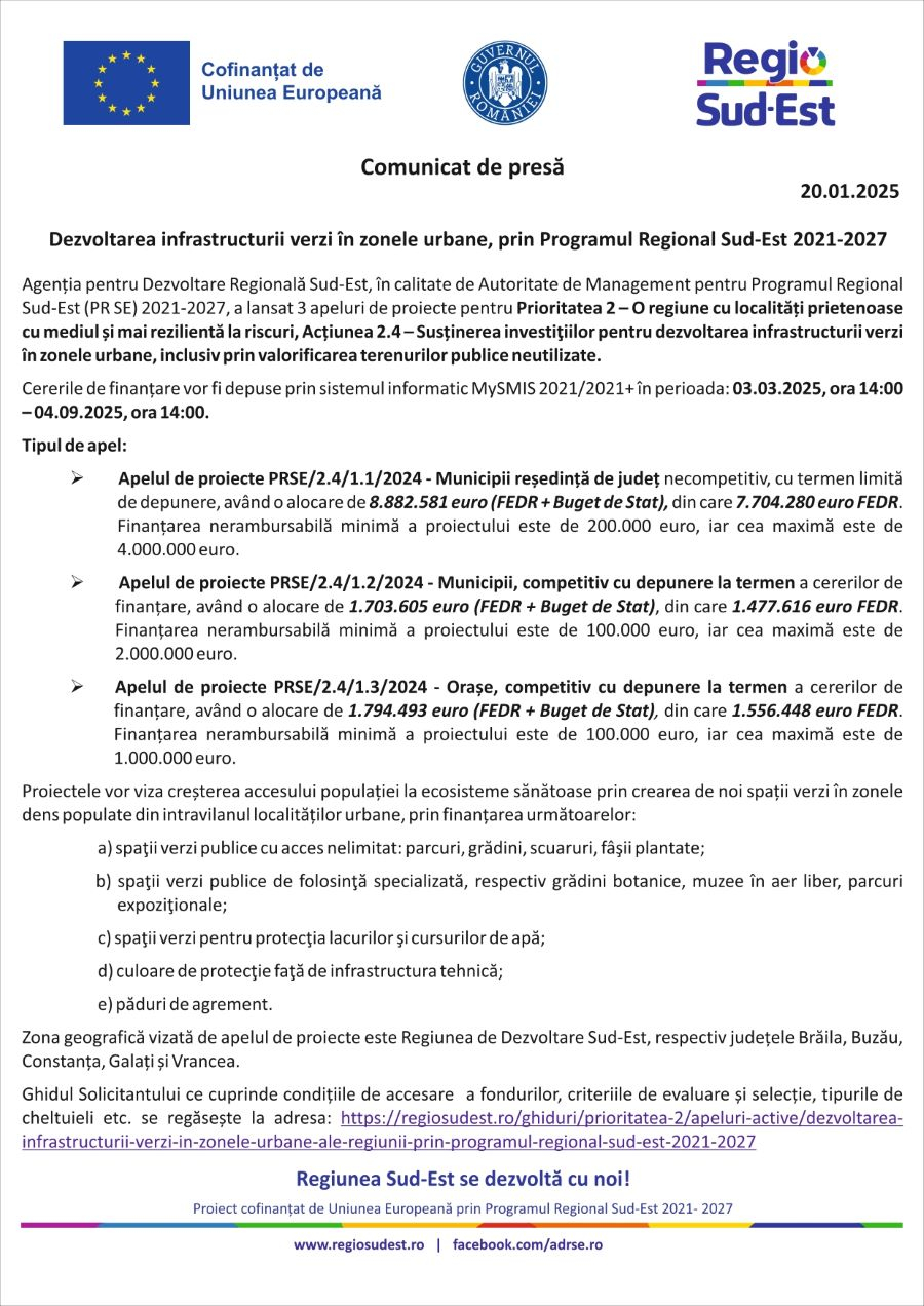 Dezvoltarea infrastructurii verzi în zonele urbane, prin Programul Regional Sud-Est 2021-2027
