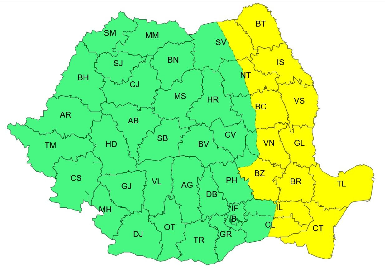 Ploi și intensificări ale vântului, la Galați