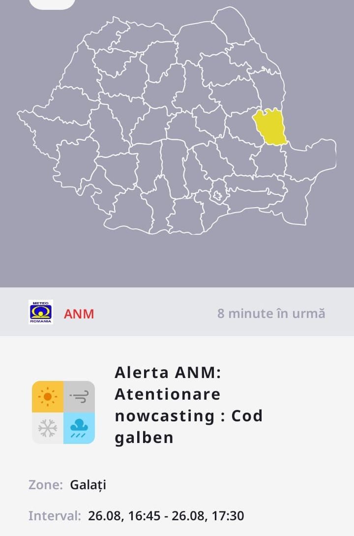 UPDATE. Cod galben de vreme rea, în municipiul Galaţi şi în câteva localităţi din judeţ