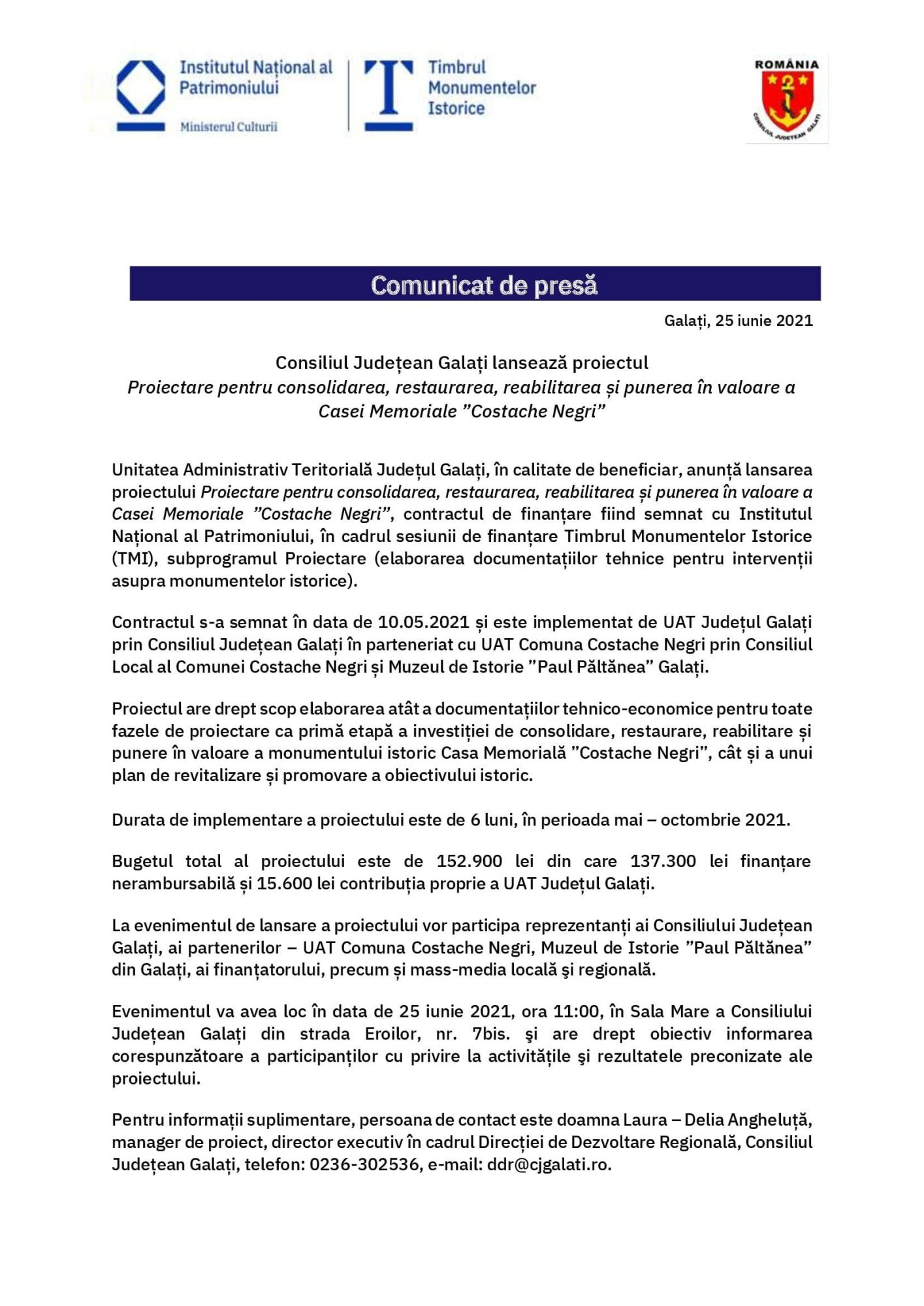 Consiliul Judeţean Galaţi lansează proiectul Proiectare pentru consolidarea, restaurarea, reabilitarea și punerea în valoare a Casei Memoriale „Costache Negri”