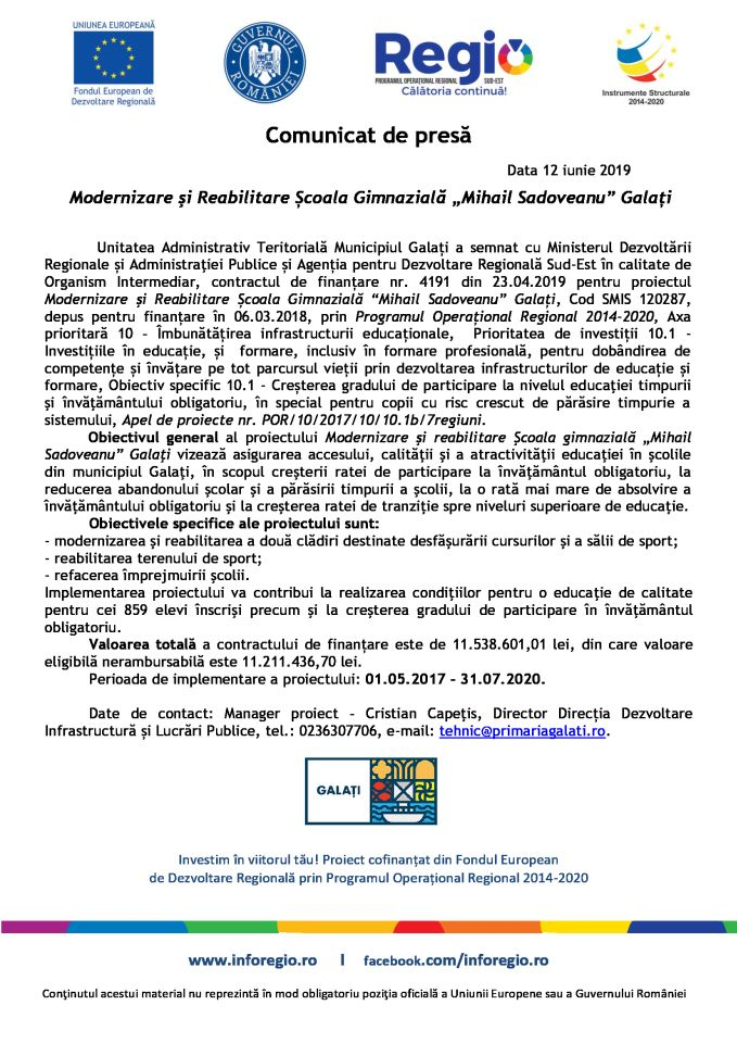 Modernizare şi Reabilitare Școala Gimnazială „Mihail Sadoveanu” Galați