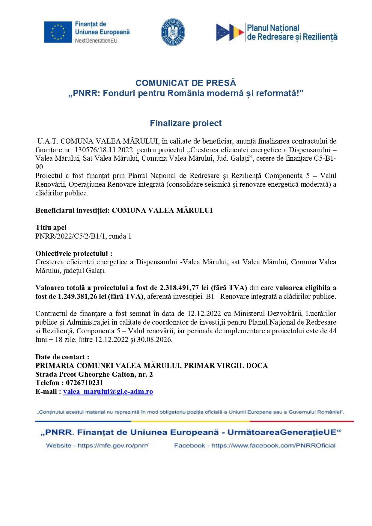 Finalizare proiect- Creșterea eficenței energetice Dispensar Valea Mărului
