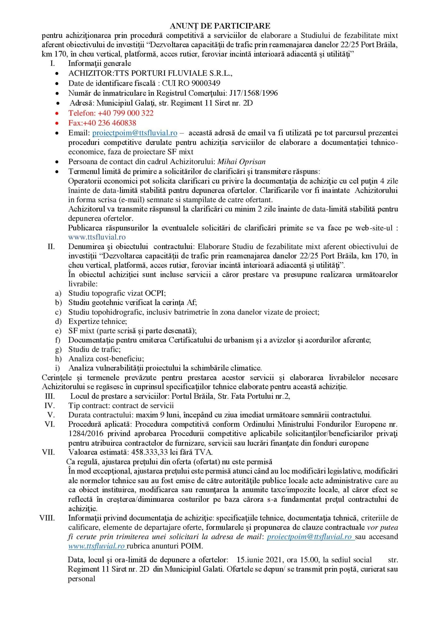 ANUNȚ DE PARTICIPARE