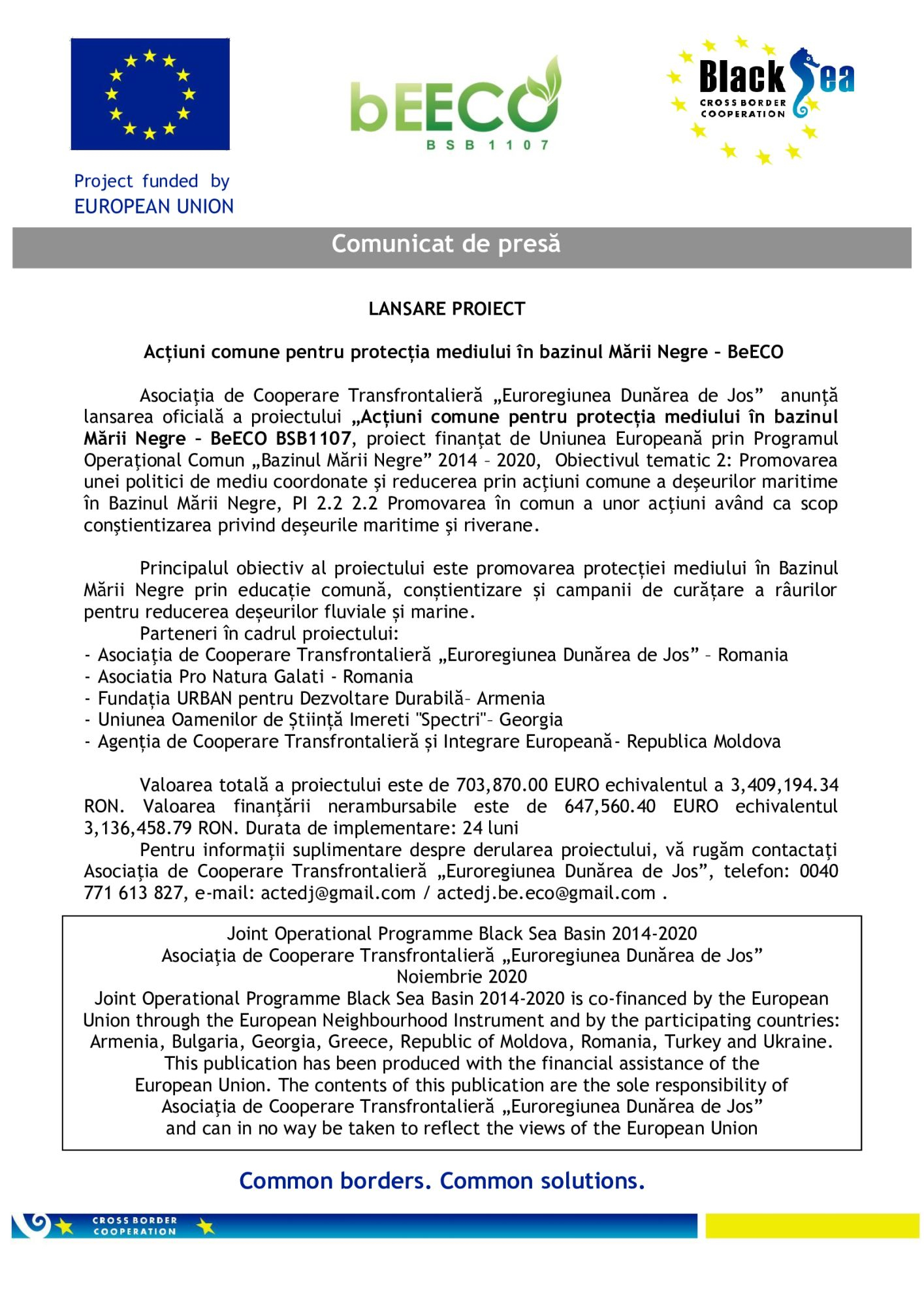 LANSARE PROIECT. Acțiuni comune pentru protecția mediului în bazinul Mării Negre – BeECO