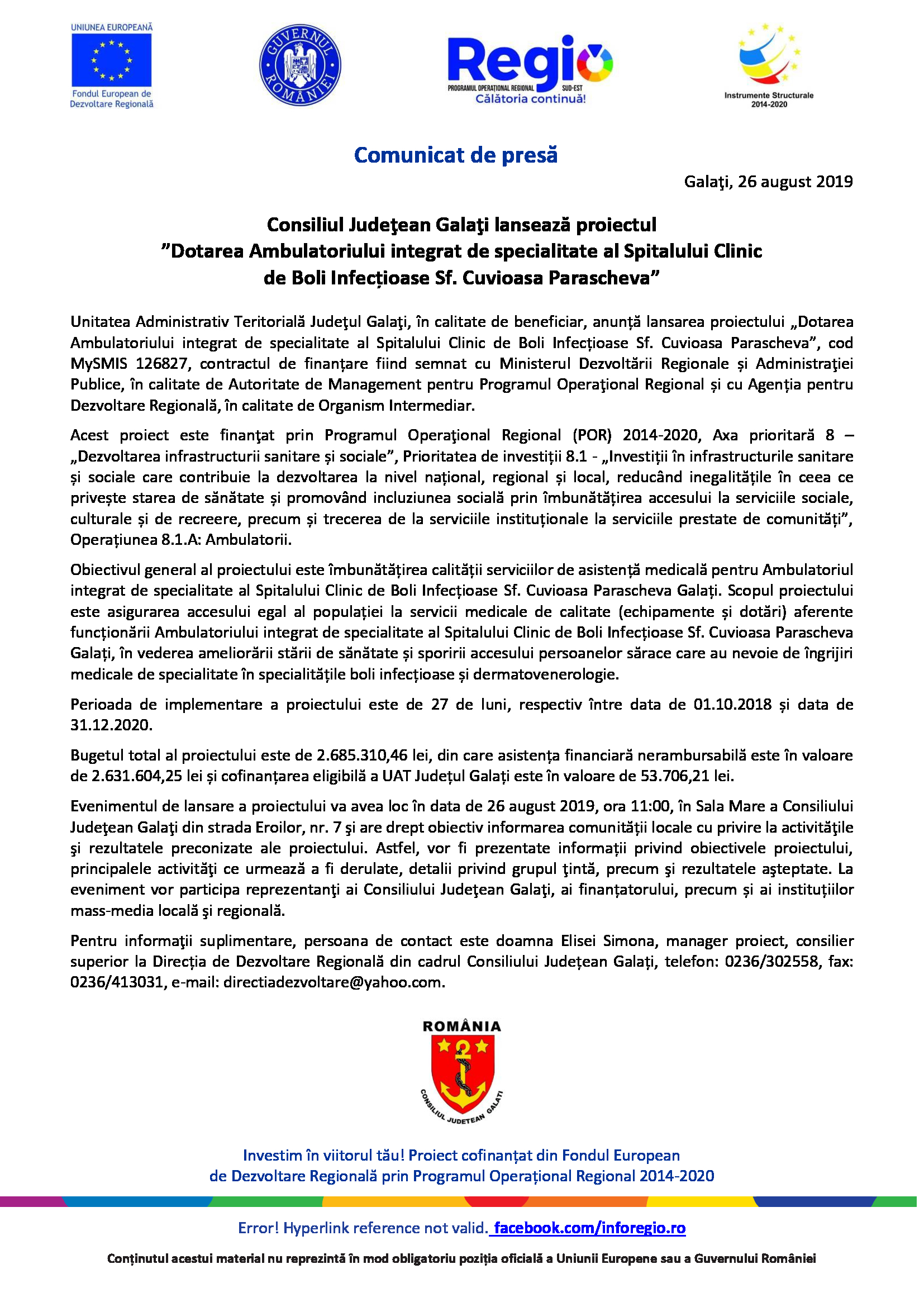 Consiliul Judeţean Galaţi lansează proiectul ”Dotarea Ambulatoriului integrat de specialitate al Spitalului Clinic de Boli Infecțioase Sf. Cuvioasa Parascheva”