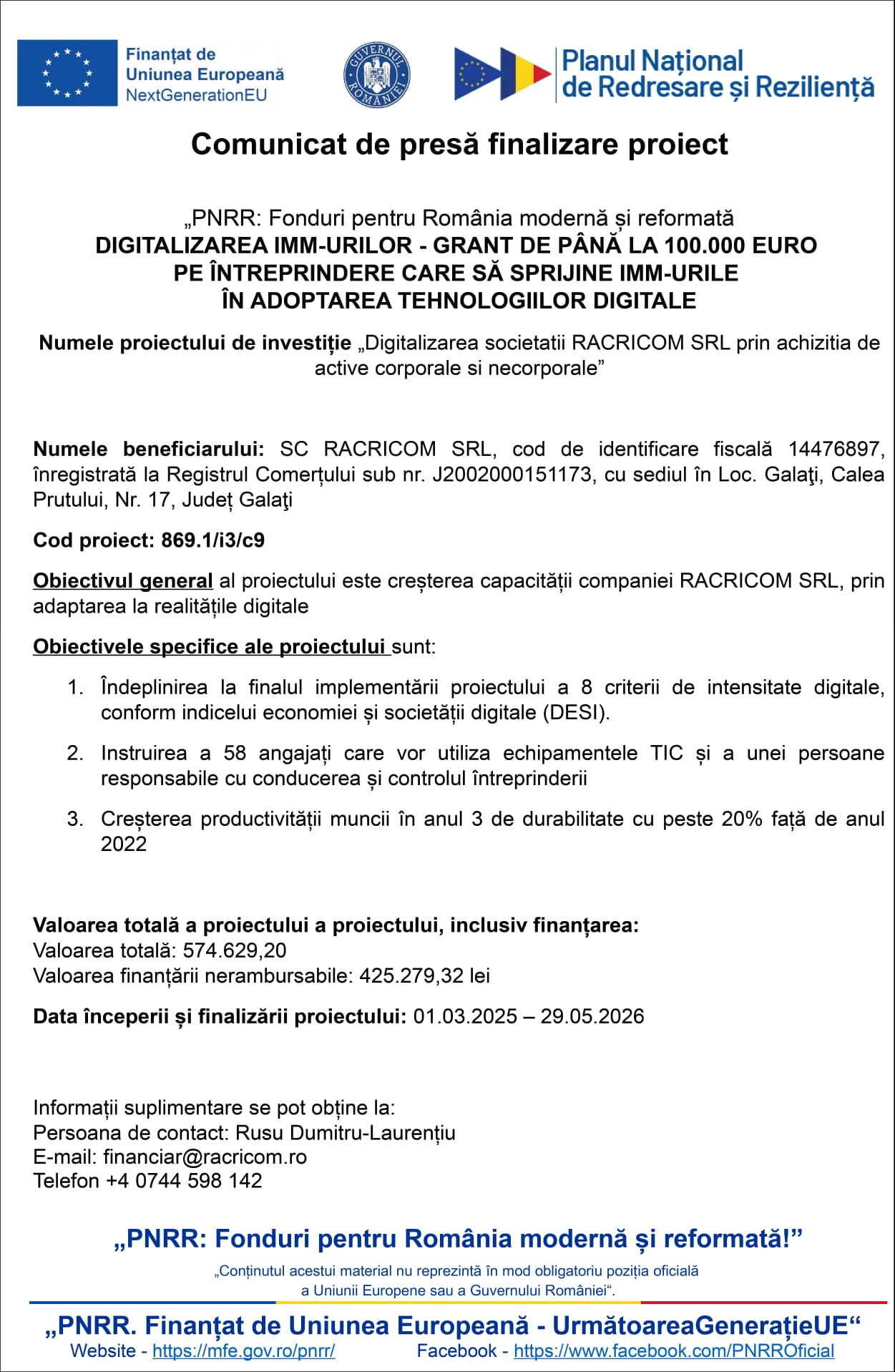 Comunicat de presă- finalizare proiect