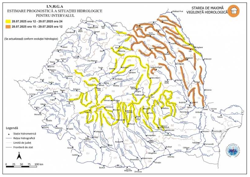 Cod portocaliu de inundații în bazinele hidrografice Siret, Prut şi Bârlad