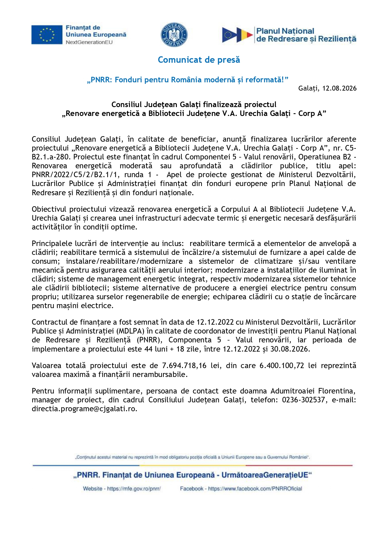 Comunicat de presă- finalizare proiect „Renovare energetică a Bibliotecii Județene V.A. Urechia Galați - Corp A”