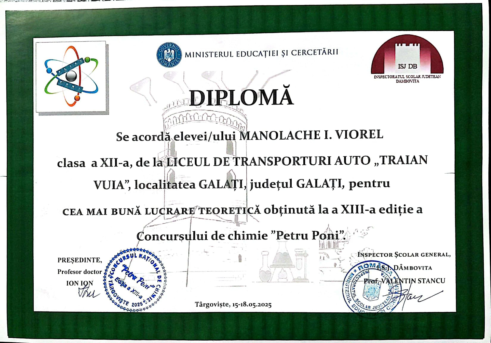 Premiul I pentru Galați la Concursul de chimie „Petru Poni”