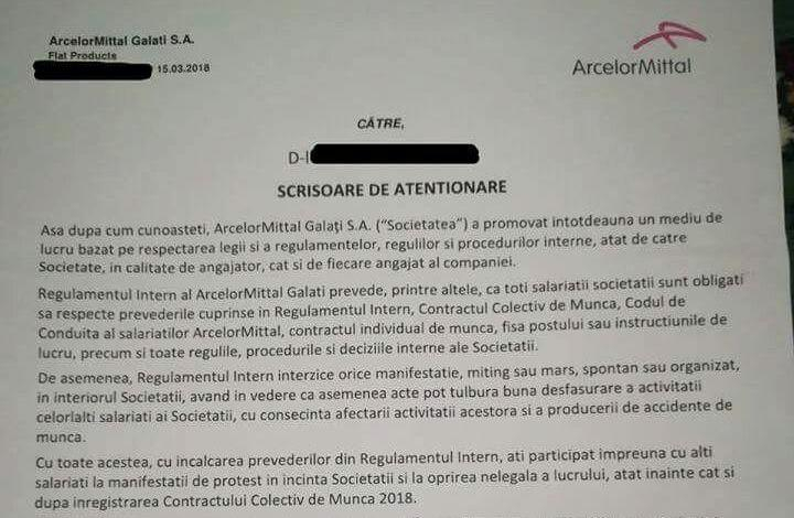Efectele protestelor din ianuarie de la ArcelorMittal. Scrisori de ATENȚIONARE pentru siderurgiştii GREVIȘTI