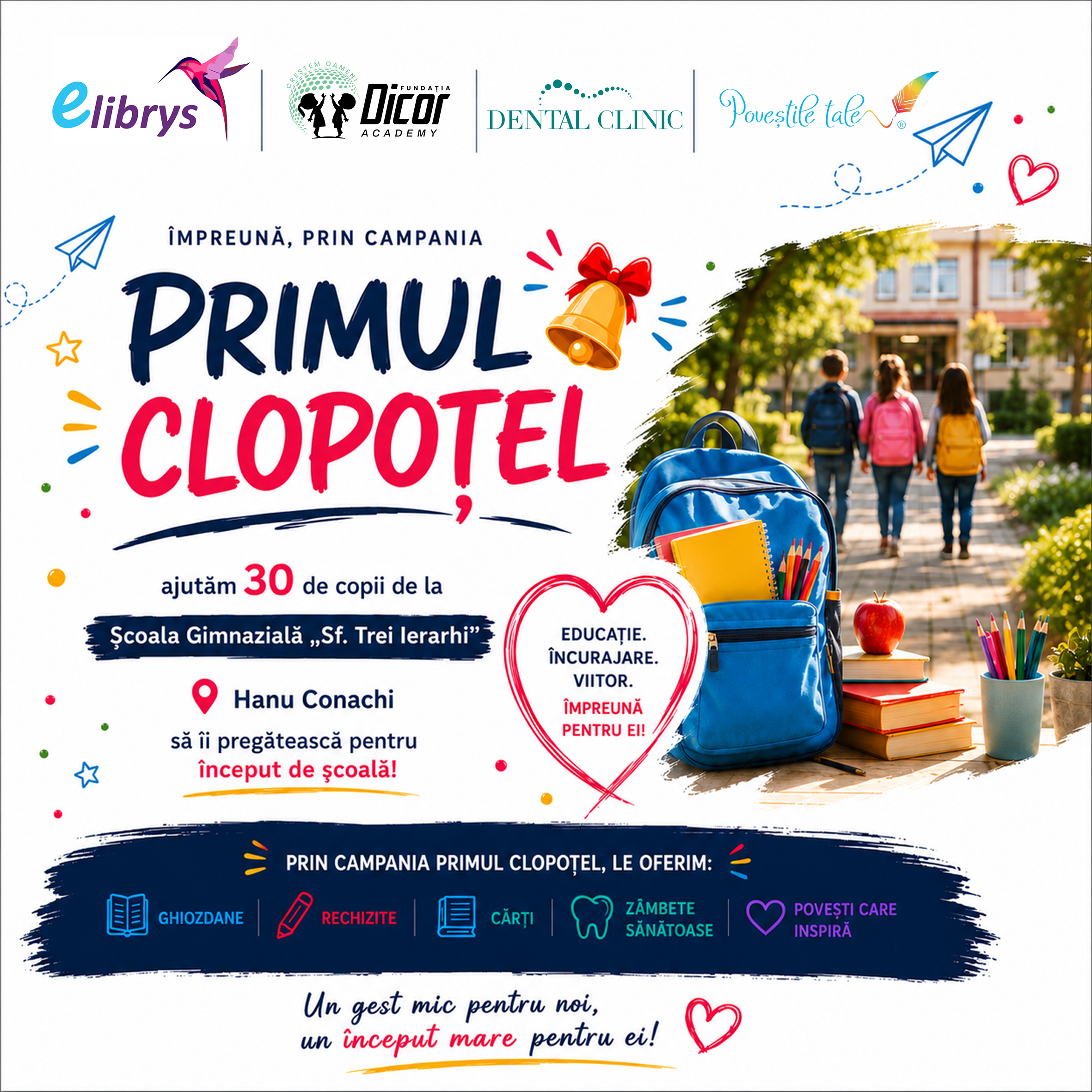 Rechizite pentru un început de școală cu șanse egale. „Primul Clopoțel” dedicat copiilor din Hanu Conachi