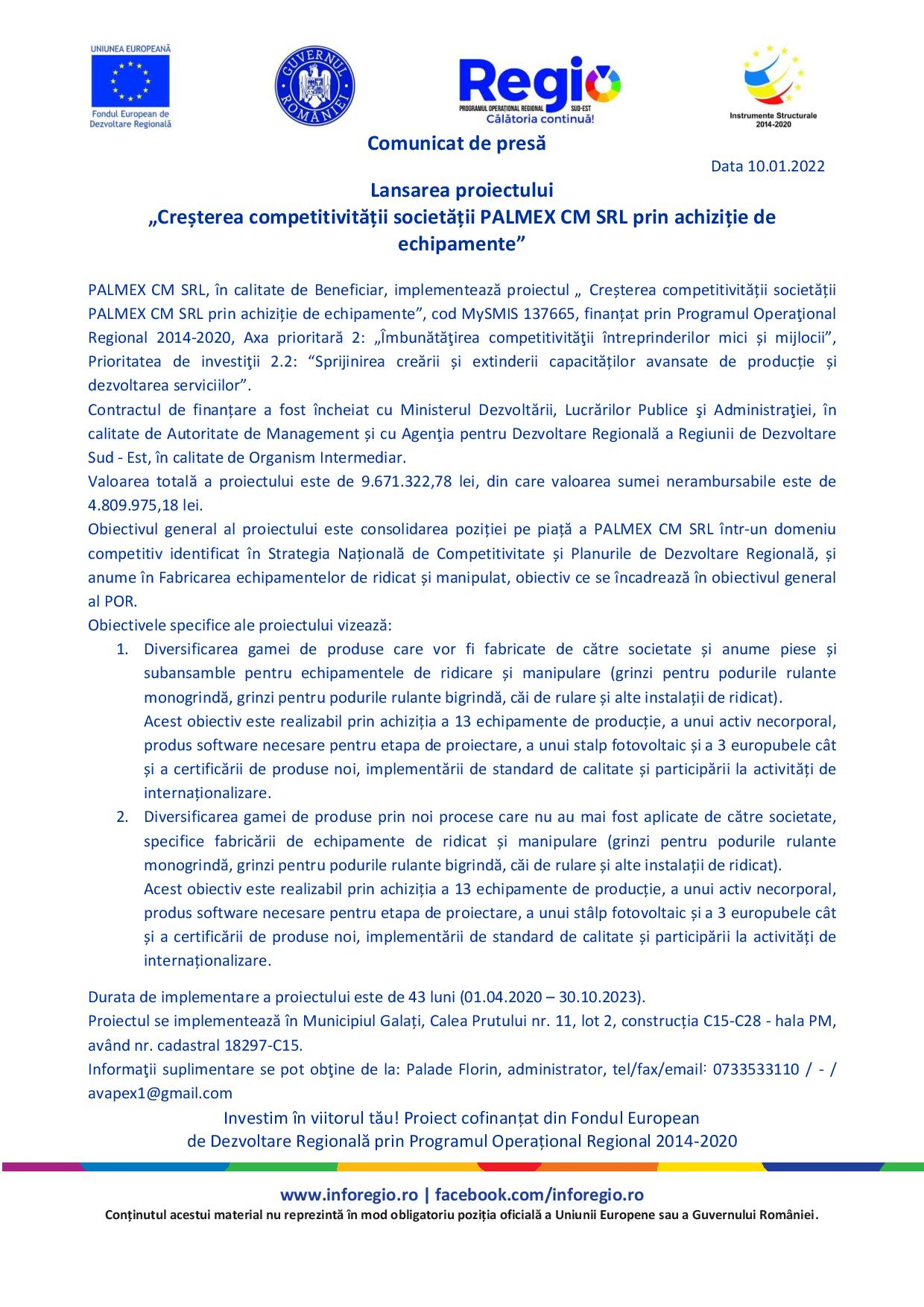 Lansarea proiectului „Creșterea competitivității societății PALMEX CM SRL prin achiziție de echipamente”