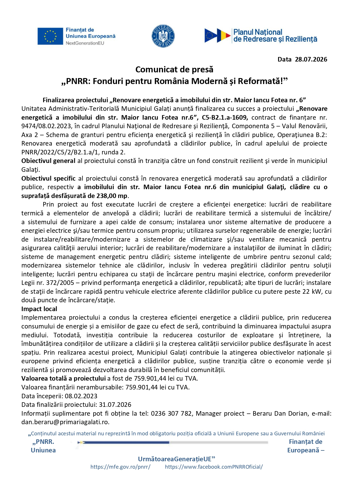 Comunicat de presă- finalizare proiect ”Renovare energetică a imobilului din str. Maior Iancu Fotea nr. 6”