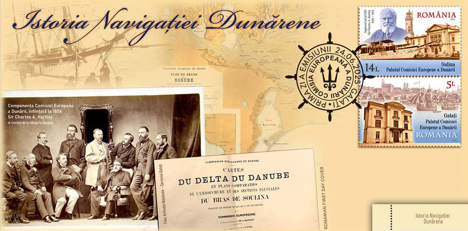 Sediul Bibliotecii „V.A. Urechia”, pe o marcă poştală dedicată înființării Comisiei Europene a Dunării