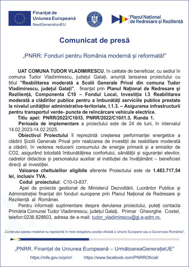 Reabilitarea moderată a Scolii Generale Prival din comuna Tudor Vladimirescu, județul Galați