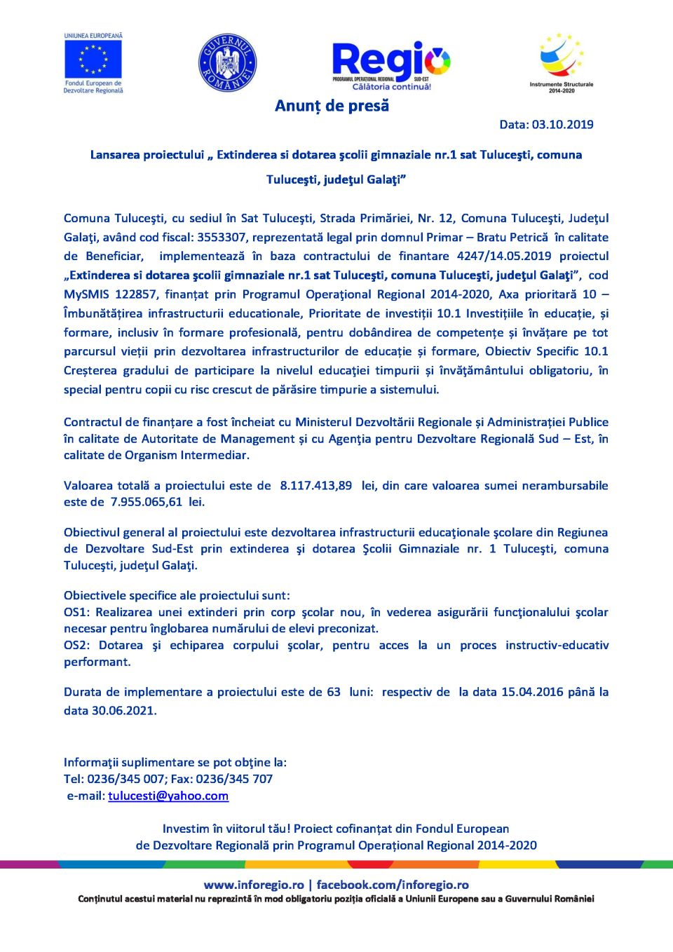 Lansarea proiectului ”Extinderea și dotarea școlii gimnaziale nr.1 sat Tulucești, comuna Tulucești, județul Galați”
