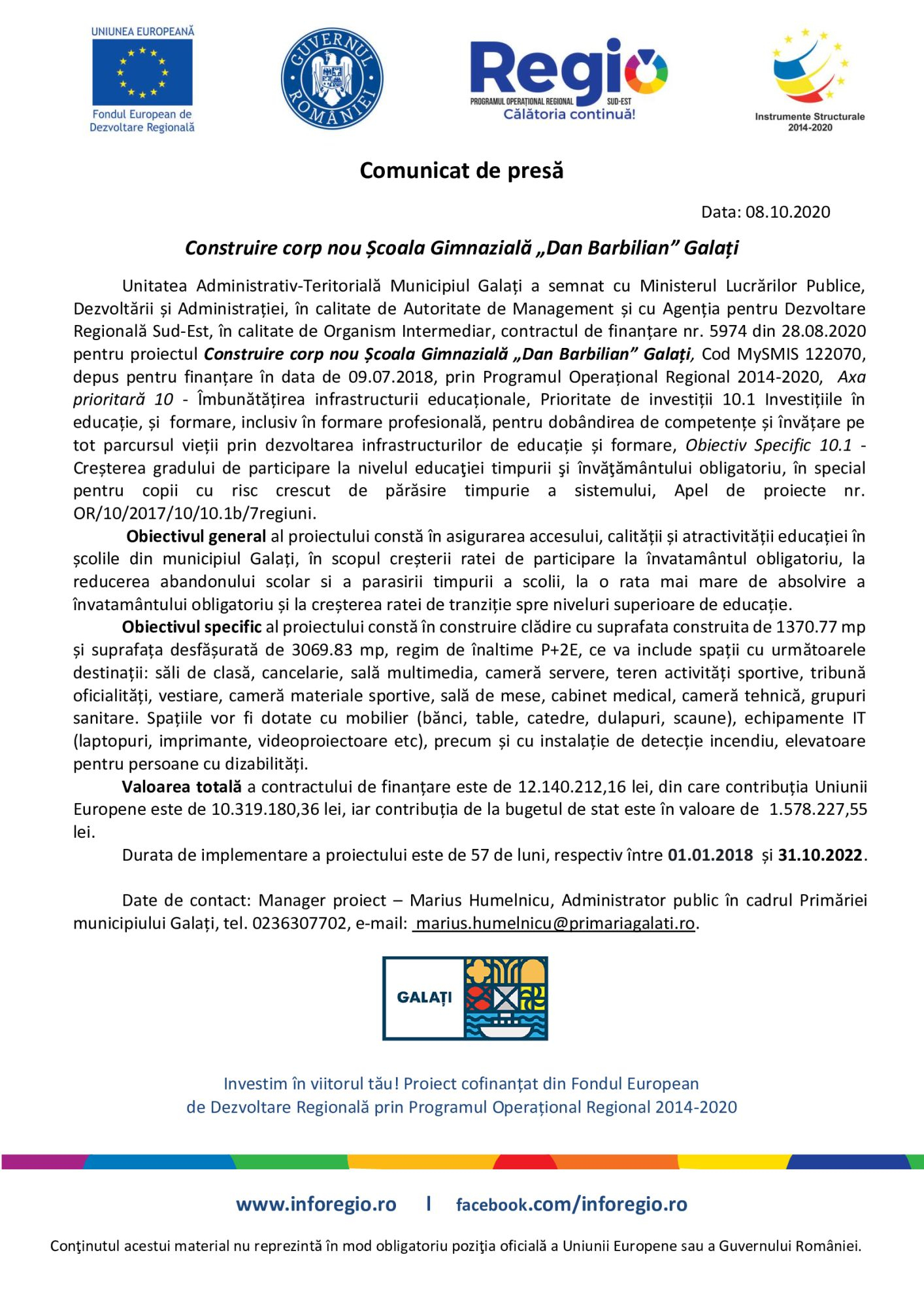 Construire corp nou Școala Gimnazială „Dan Barbilian” Galați