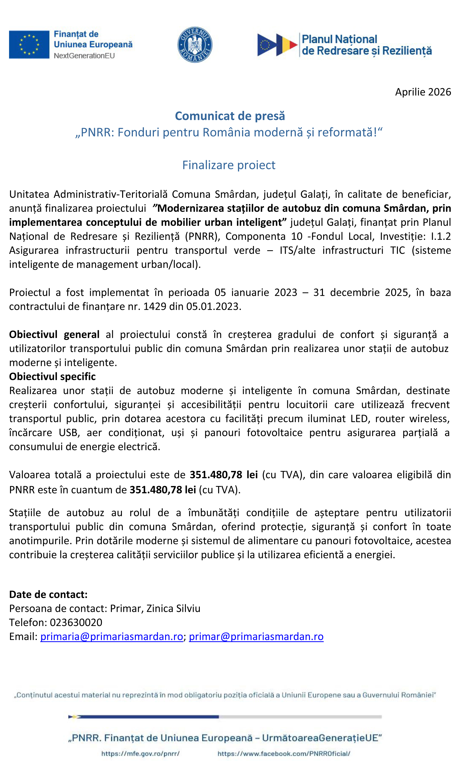 Comunicat Presă: Modernizarea stațiilor de autobuz din comuna Smârdan, prin implementarea conceptului de mobilier urban inteligent