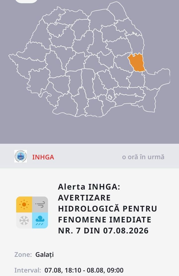 Avertizare hidrologică imediată: Cod portocaliu la Galaţi