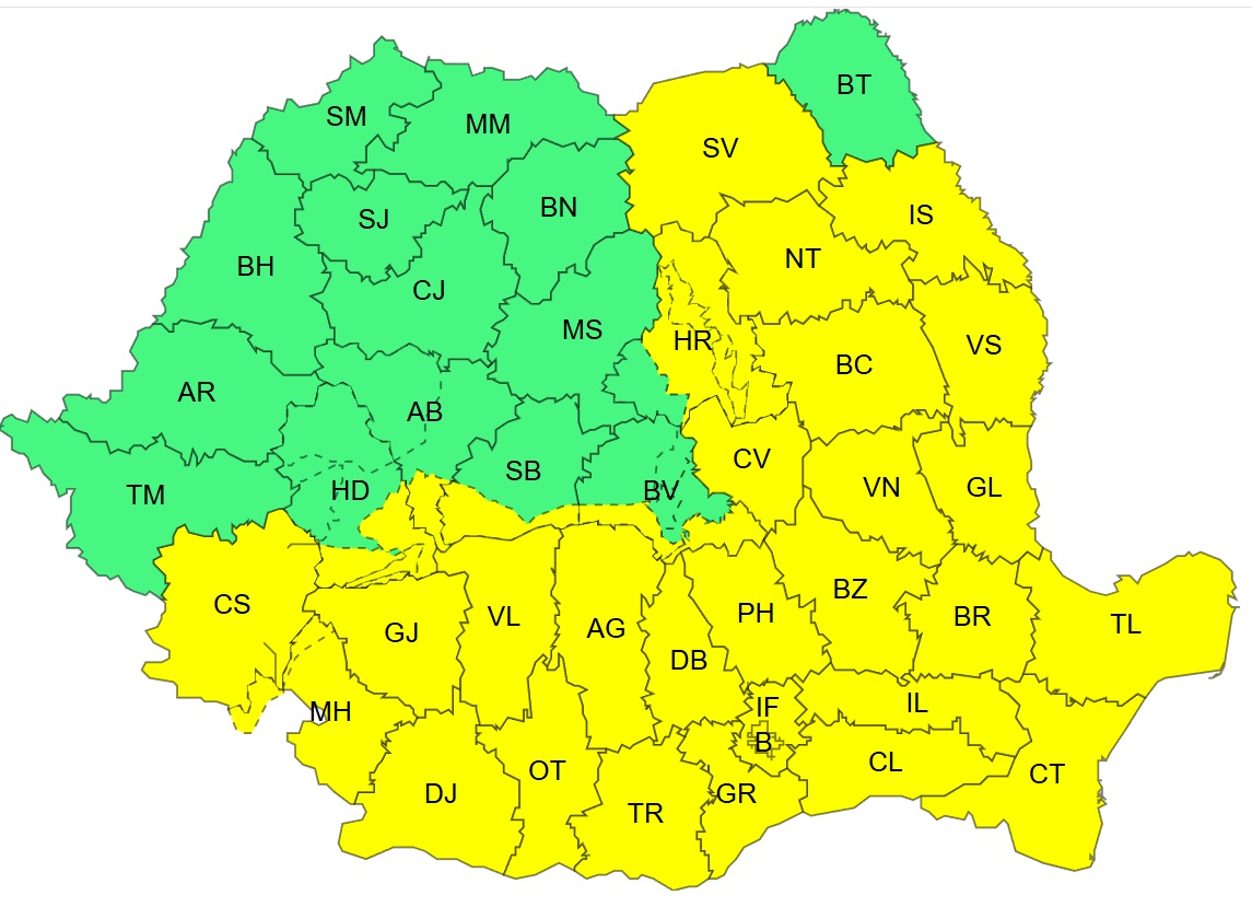 Galaţiul, sub două coduri galbene de vreme rea
