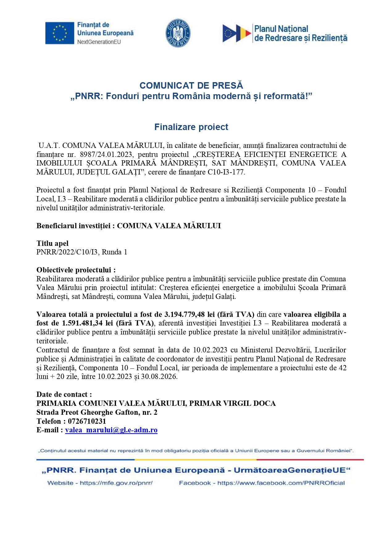 Finalizare proiect- Școala Primară Mândrești