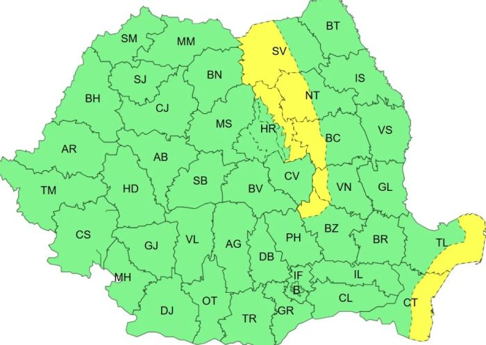 Rafală de coduri meteo lansată de ANM. Galațiul, în lista zonelor cu vreme rea