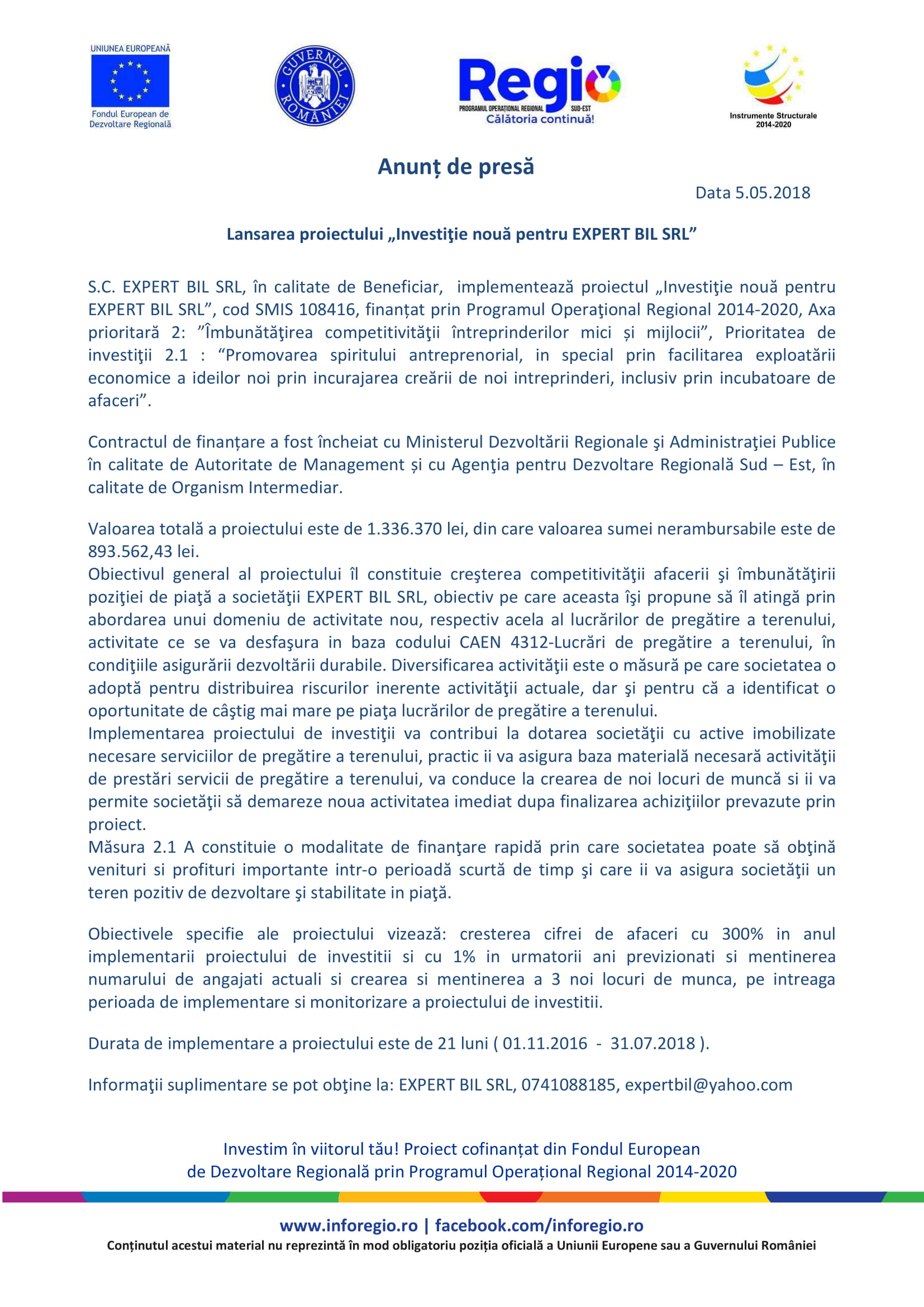 Lansarea proiectului Investiţie nouă pentru EXPERT BIL SRL