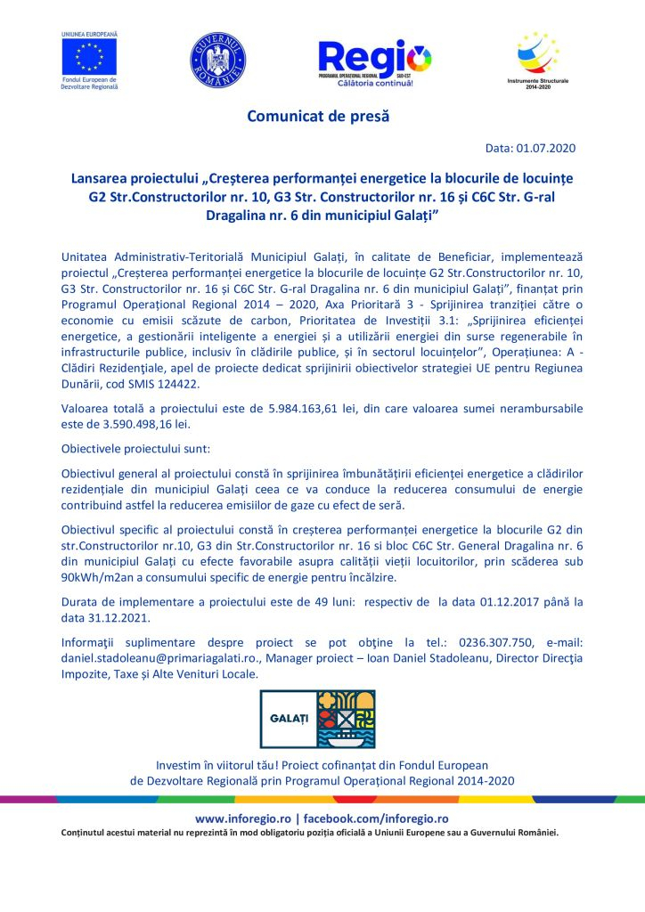 Lansarea proiectului „Creșterea performanței energetice la blocurile de locuințe G2 Str.Constructorilor nr. 10, G3 Str. Constructorilor nr. 16 și C6C Str. G-ral Dragalina nr. 6 din municipiul Galați”
