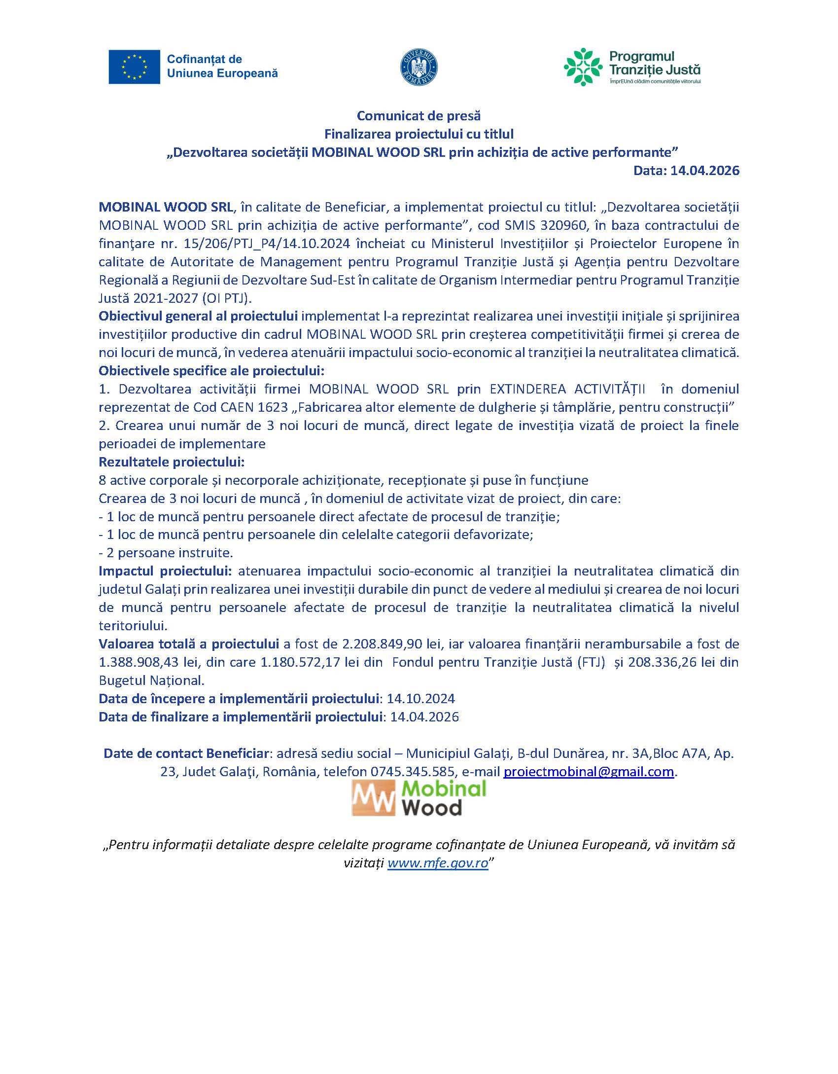 Dezvoltarea societății MOBINAL WOOD SRL prin achiziția de active performante