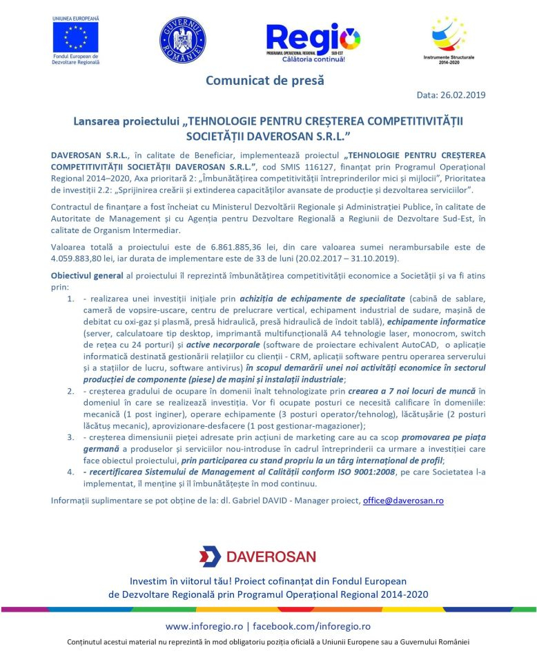 Lansarea proiectului ”TEHNOLOGIE PENTRU CREȘTEREA COMPETITIVITĂȚII SOCIETĂȚII DAVEROSAN S.R.L.”