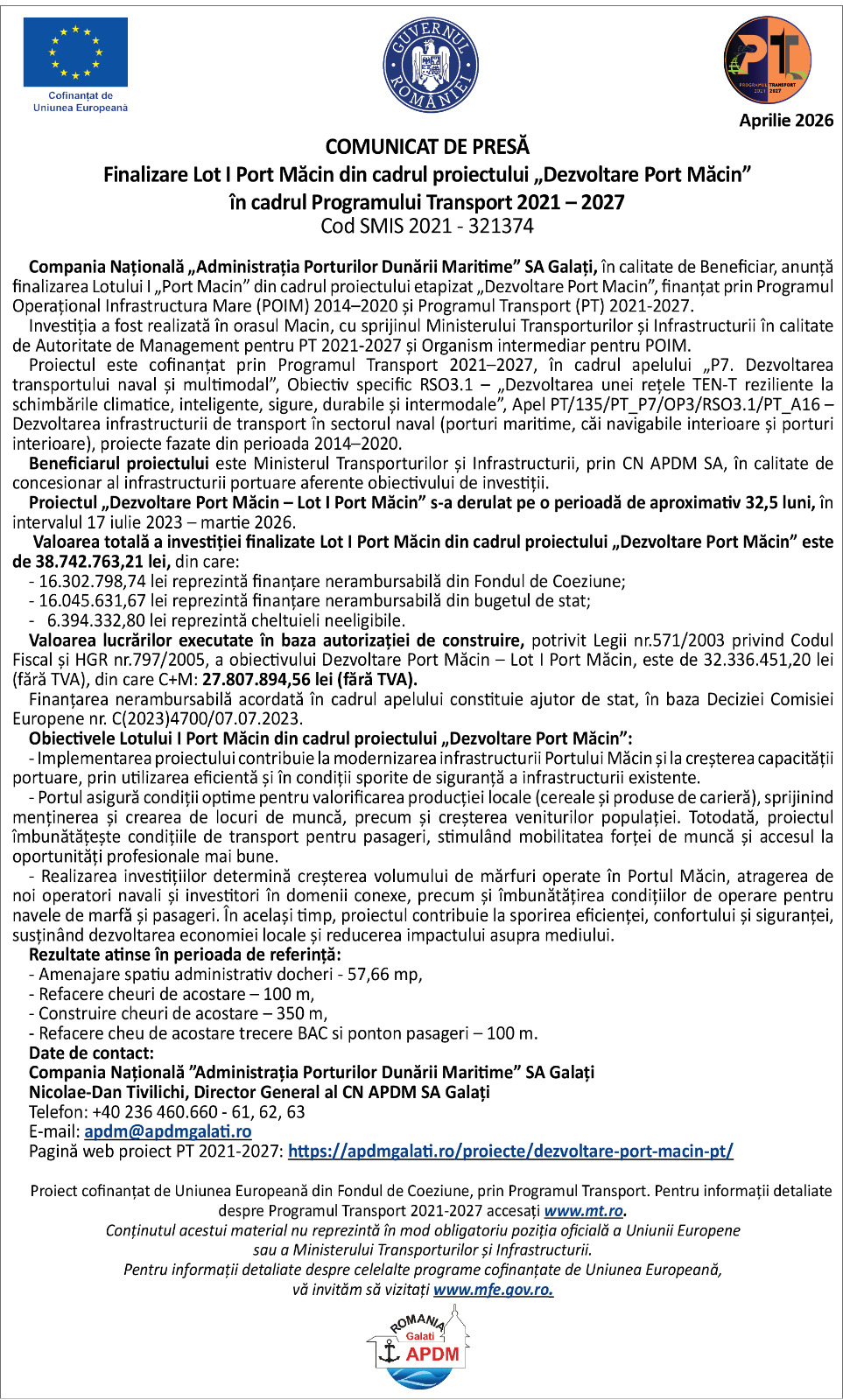 Finalizare Lot I Port Măcin din cadrul proiectului „Dezvoltare Port Măcin”  în cadrul Programului Transport 2021 – 2027