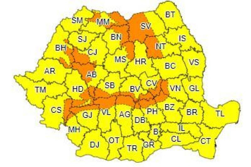 Coduri galben și portocaliu de ninsori și vânt puternic