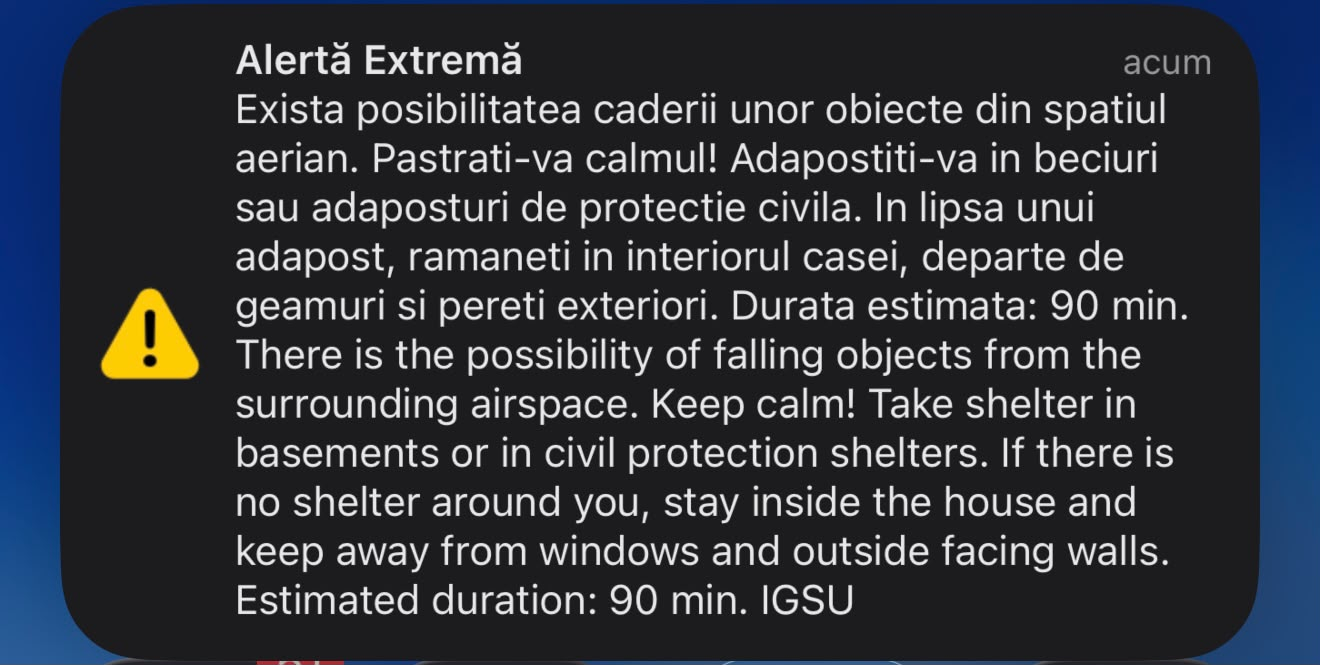 RO-Alert din nou în Tulcea. O țintă aeriană a fost detectată în apropiere de Sulina
