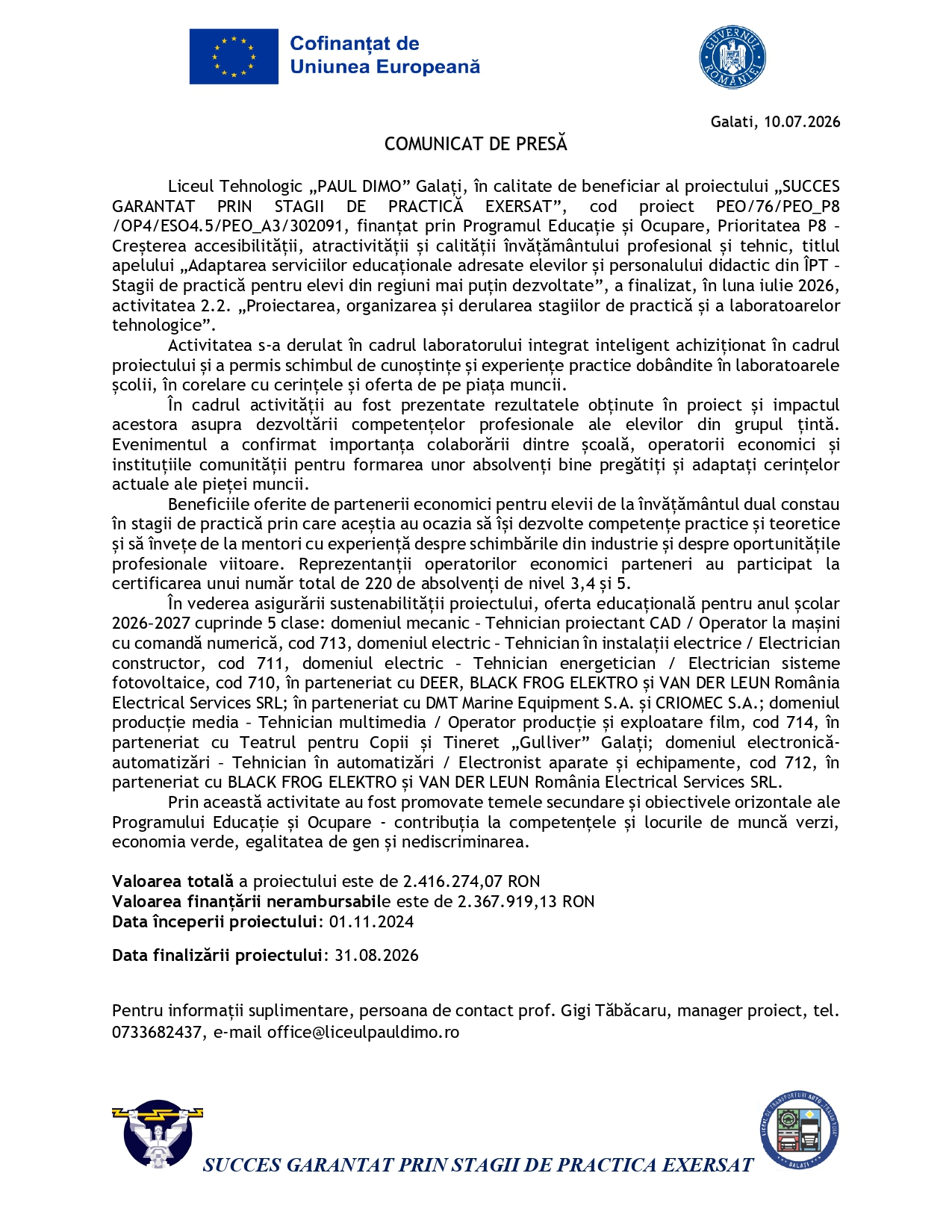 Succes garantat prin stagii de practică exersat - Liceul Tehnologic ”Paul Dimo”